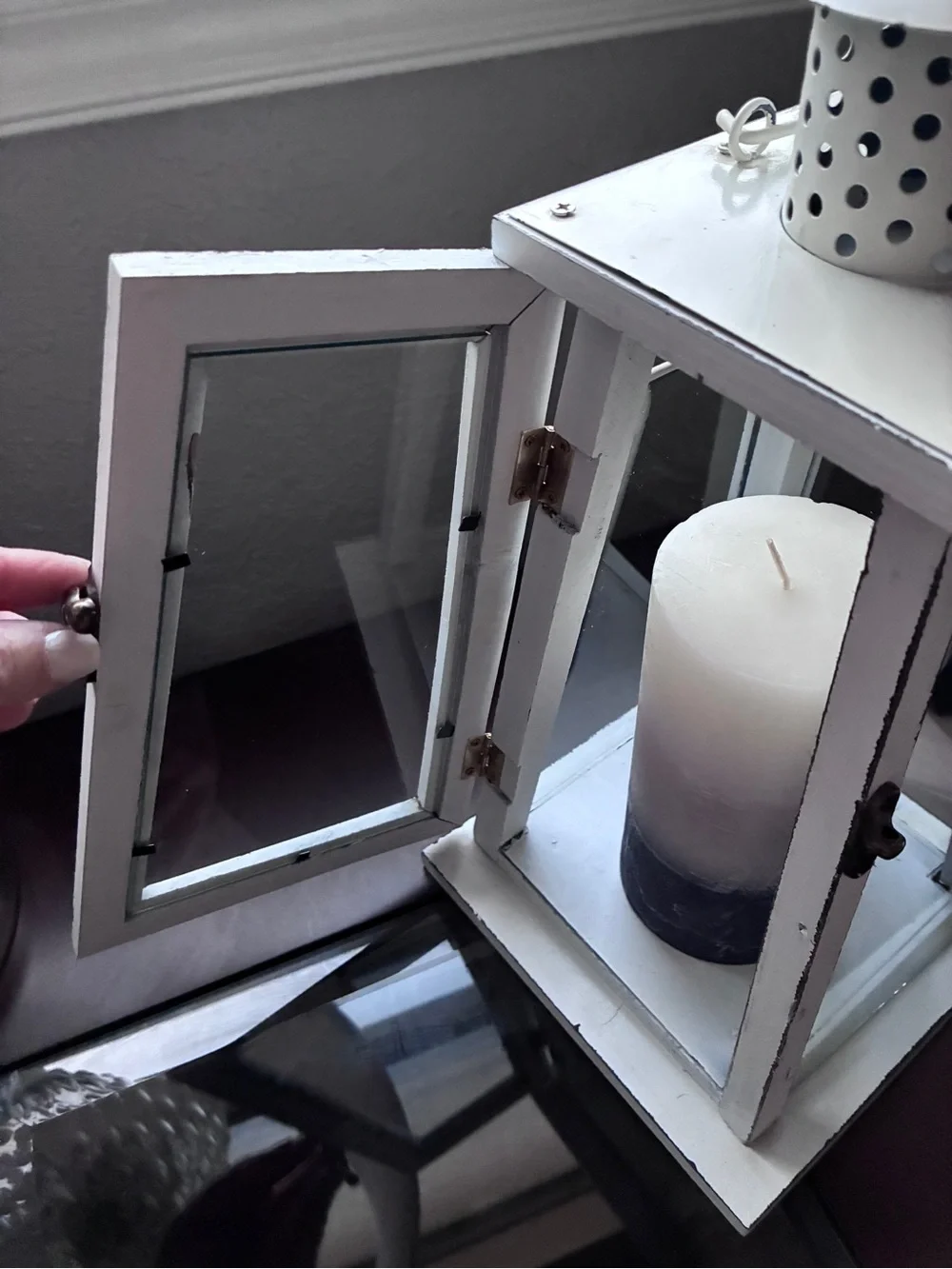 Distressed White Wooden Lantern with Two-Tone Candle - Rustic Accent